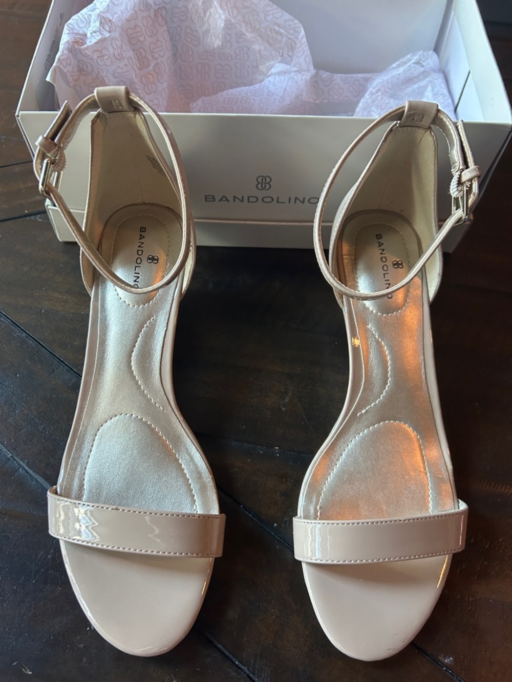 Bandolino Patent Ankle-Strap Wedge Heels in Nude